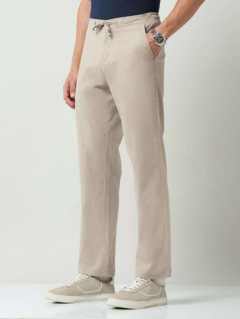 men solid mid rise flat front casual trouser - 22219325 -  Standard Image - 1