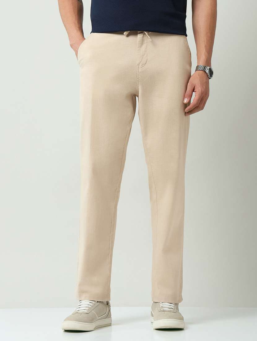 men solid mid rise flat front casual trouser - 22219326 -  Standard Image - 1