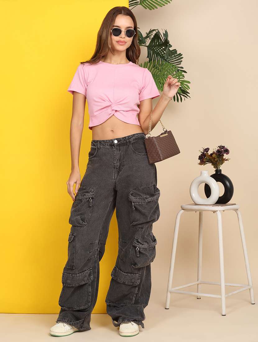 women solid short sleeve front knot crop top - 22219356 -  Standard Image - 6