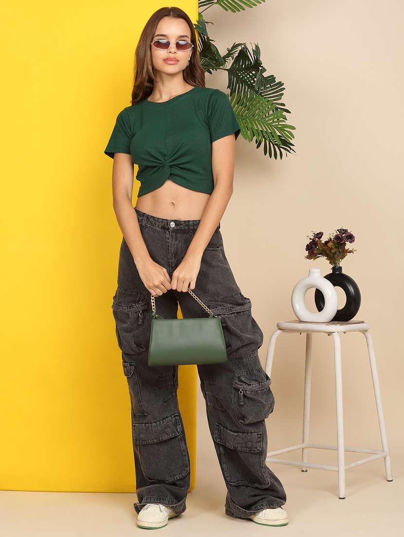 women solid short sleeve front knot crop top - 22219357 -  Standard Image - 6