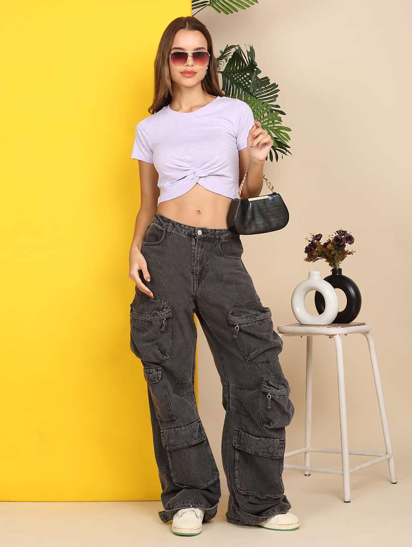 Women Solid Short Sleeve Front Knot Crop Top - 22219364 -  Standard Image - 6