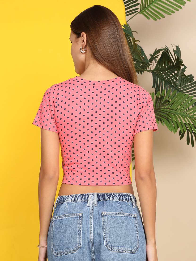 women printed short sleeve front knot crop top - 22219367 -  Standard Image - 4