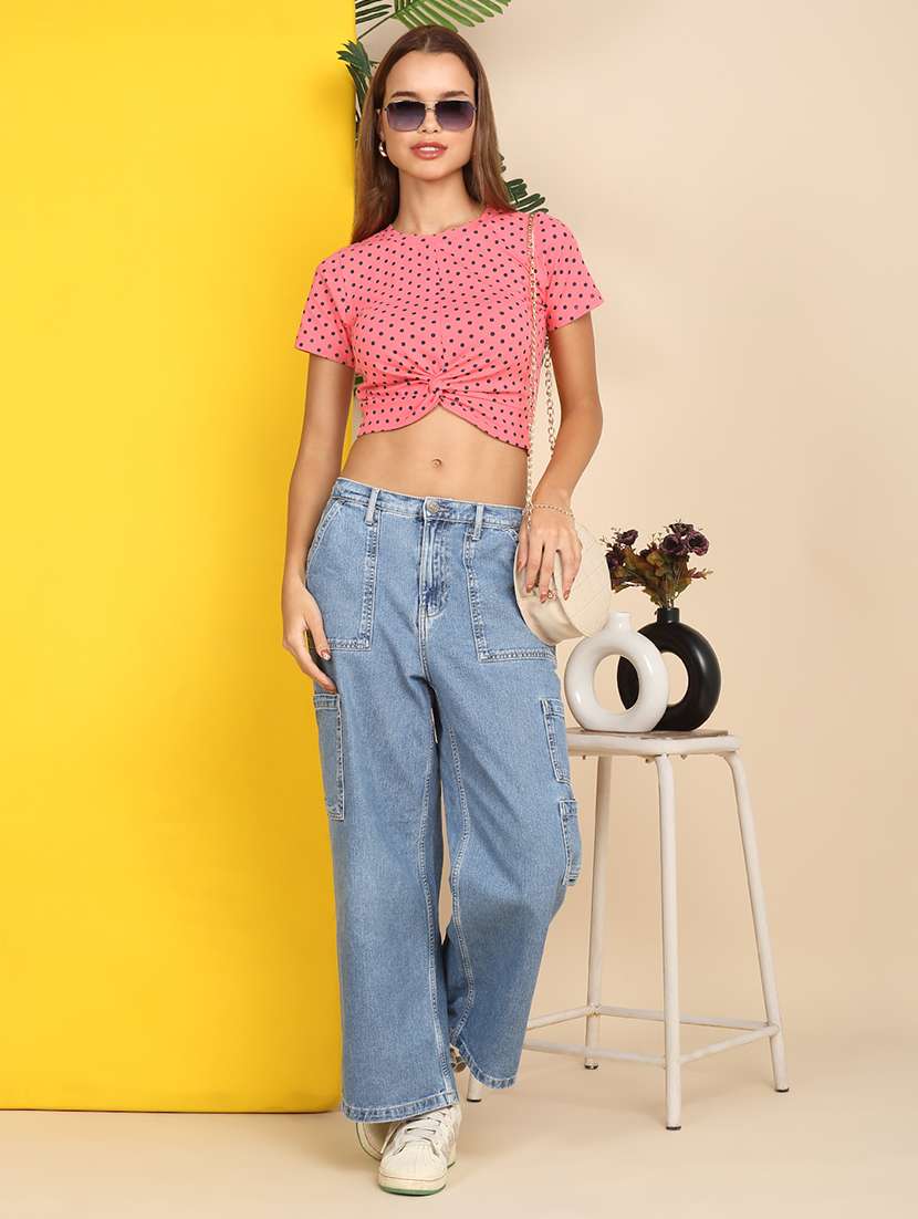 women printed short sleeve front knot crop top - 22219367 -  Standard Image - 6