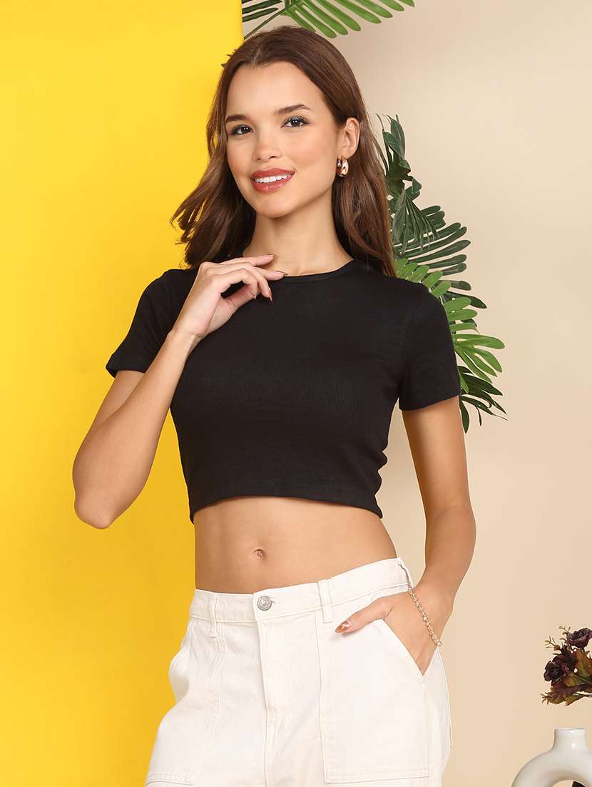 women solid short sleeve crop top - 22219372 -  Standard Image - 1