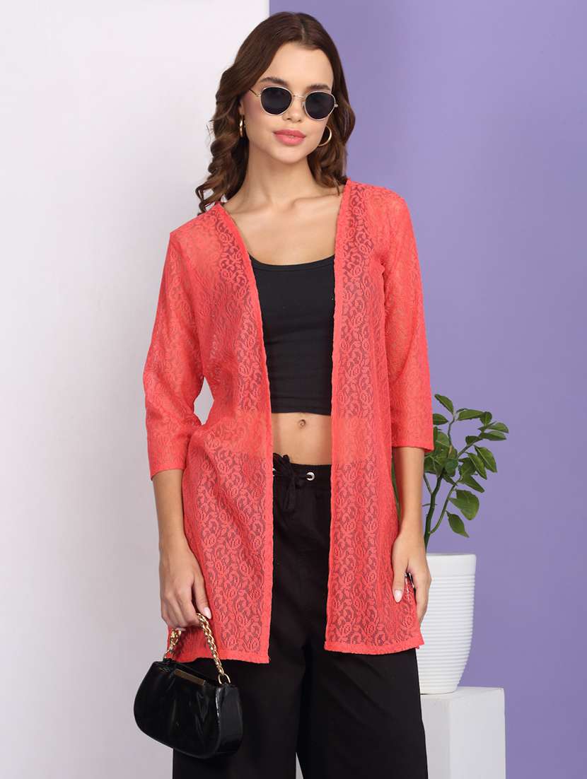 women solid three quarter sleeve lace long shrug