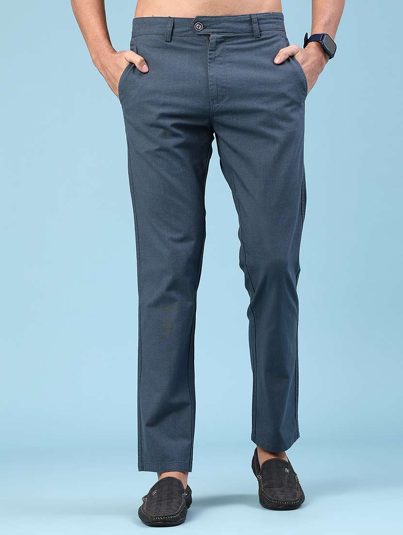 men blue cotton flat front casual trouser