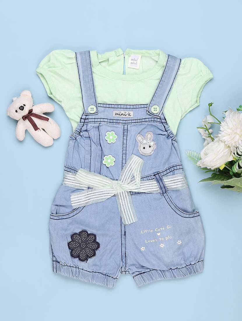 girls solid round neck dungaree