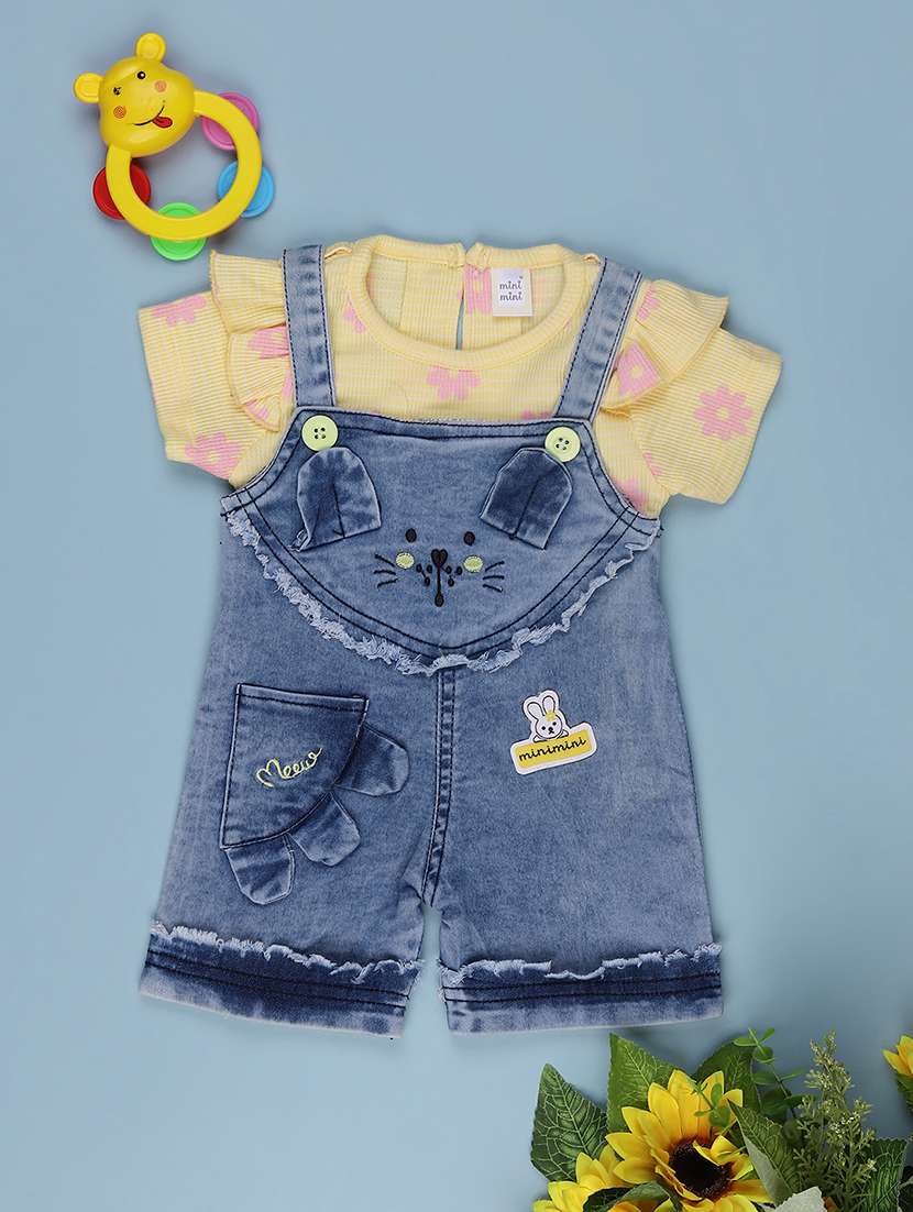 girls floral print round neck dungaree