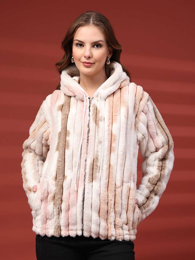 women printed long sleeve hooded fur jacket - 22219890 -  Standard Image - 1