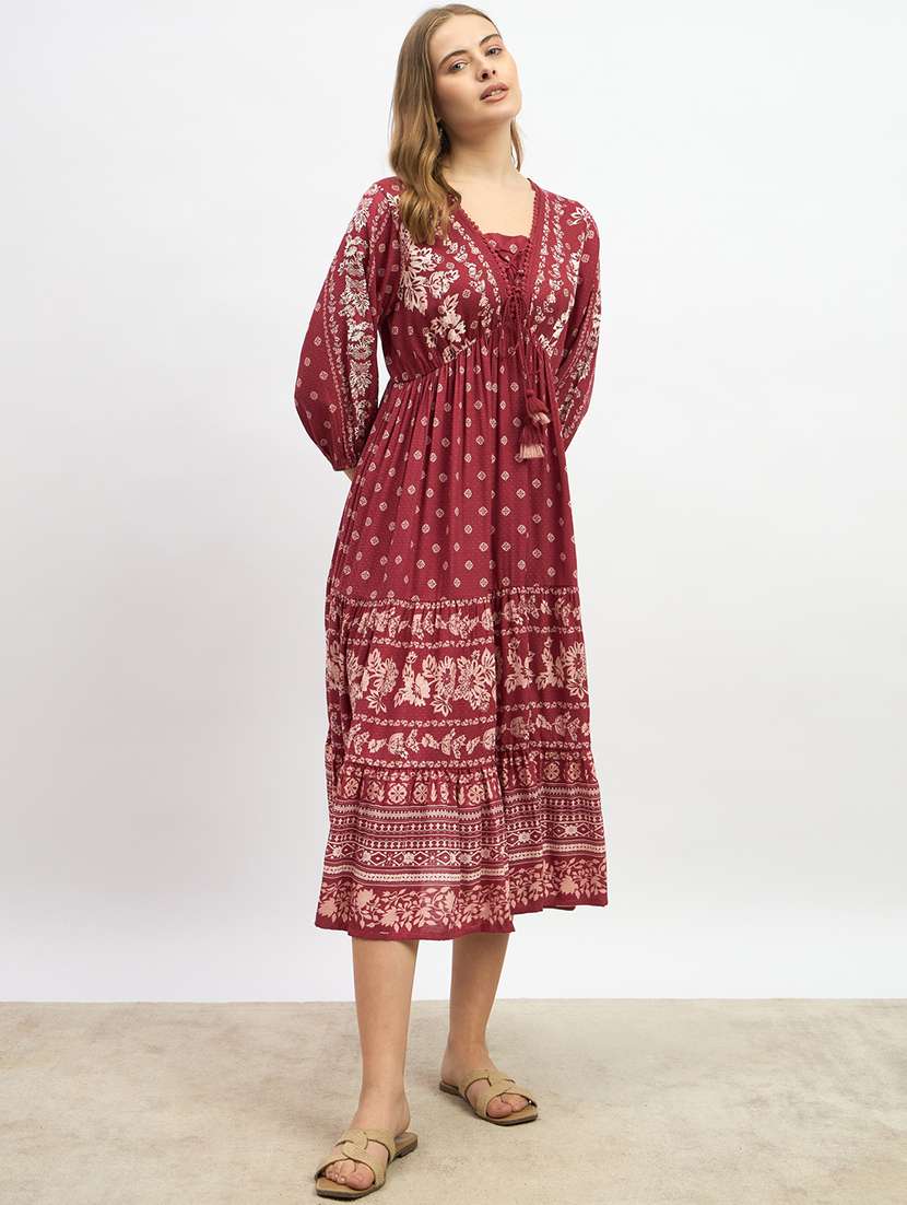 women printed puff sleeve fit & flared dress - 22219907 -  Standard Image - 1