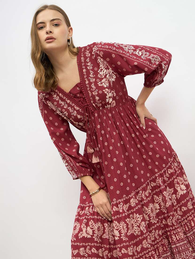 women printed puff sleeve fit & flared dress - 22219907 -  Standard Image - 4