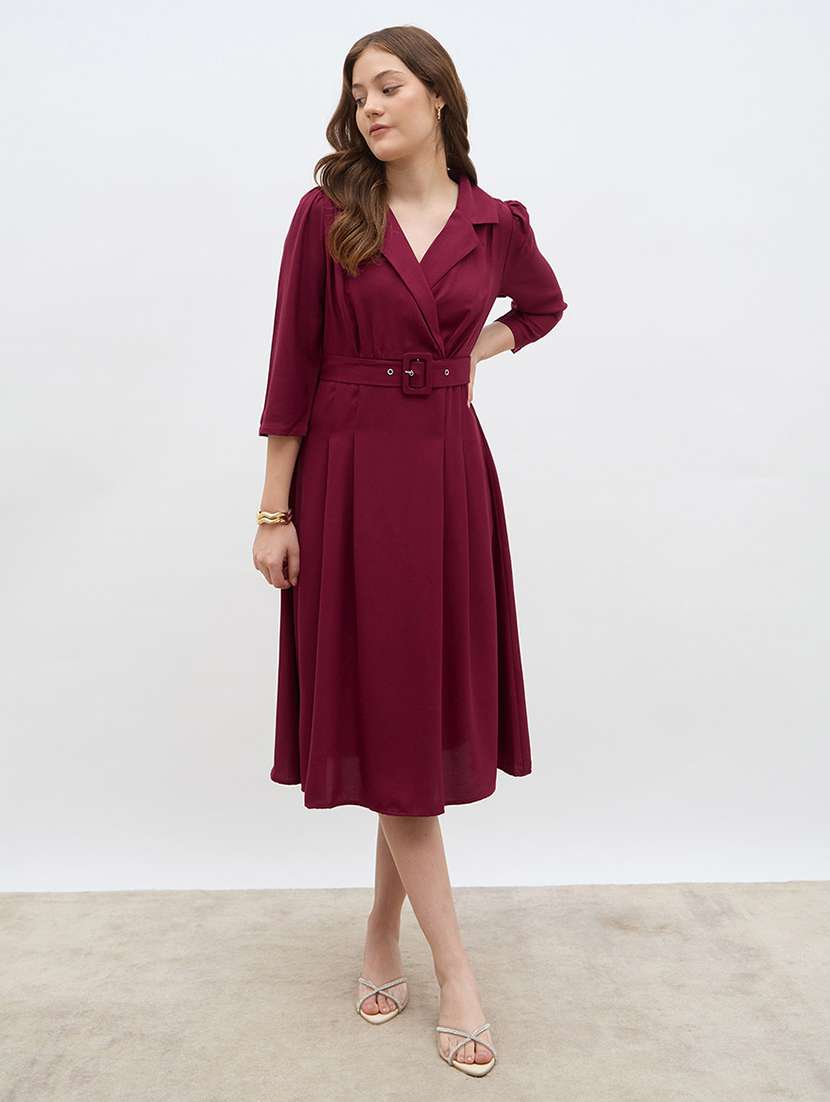 women solid lapel neck pleated a-line dress - 22219909 -  Standard Image - 1