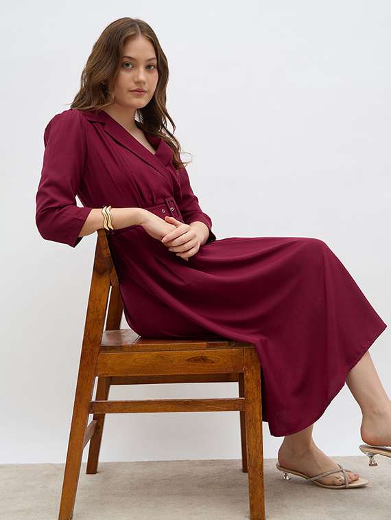 women solid lapel neck pleated a-line dress - 22219909 -  Standard Image - 4