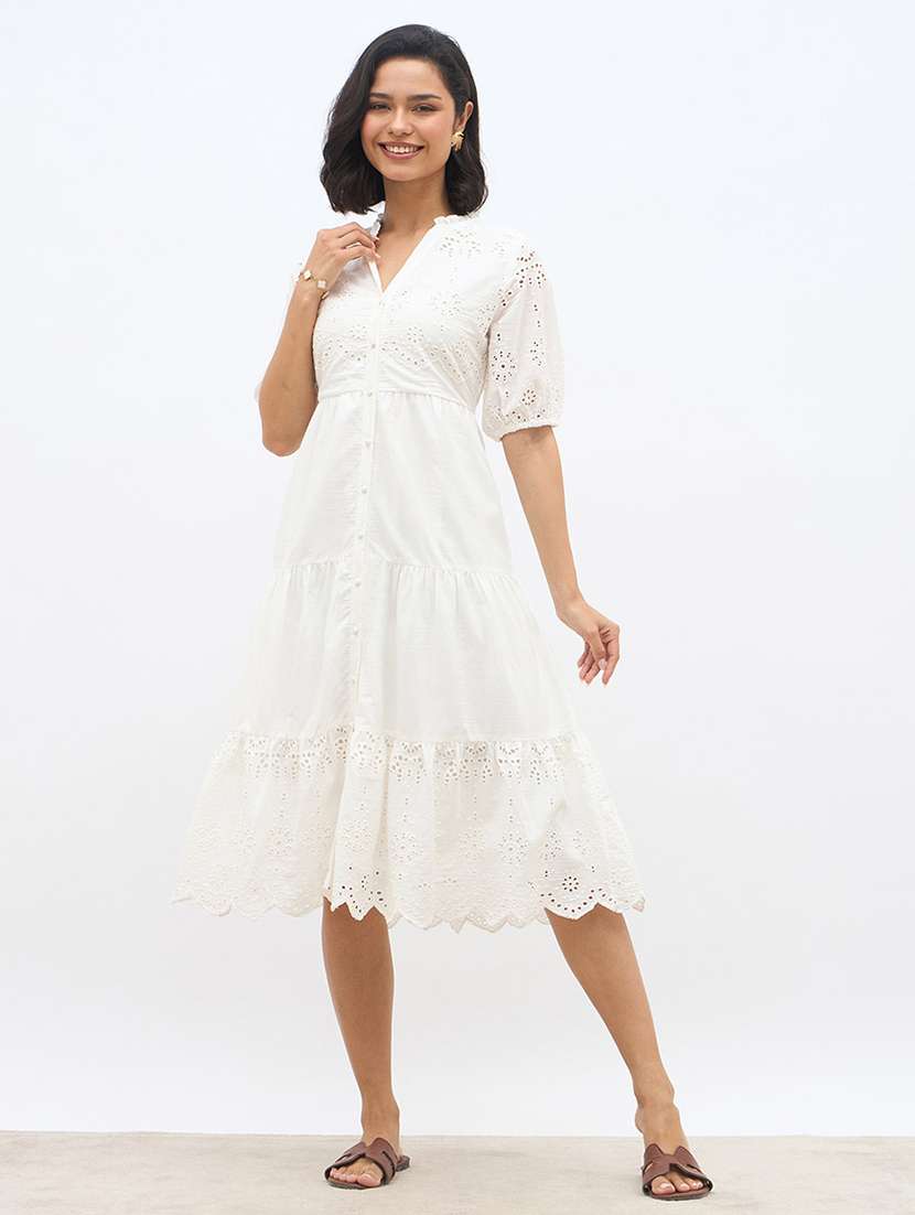 women solid puff sleeve schiffli tiered dress - 22219911 -  Standard Image - 1