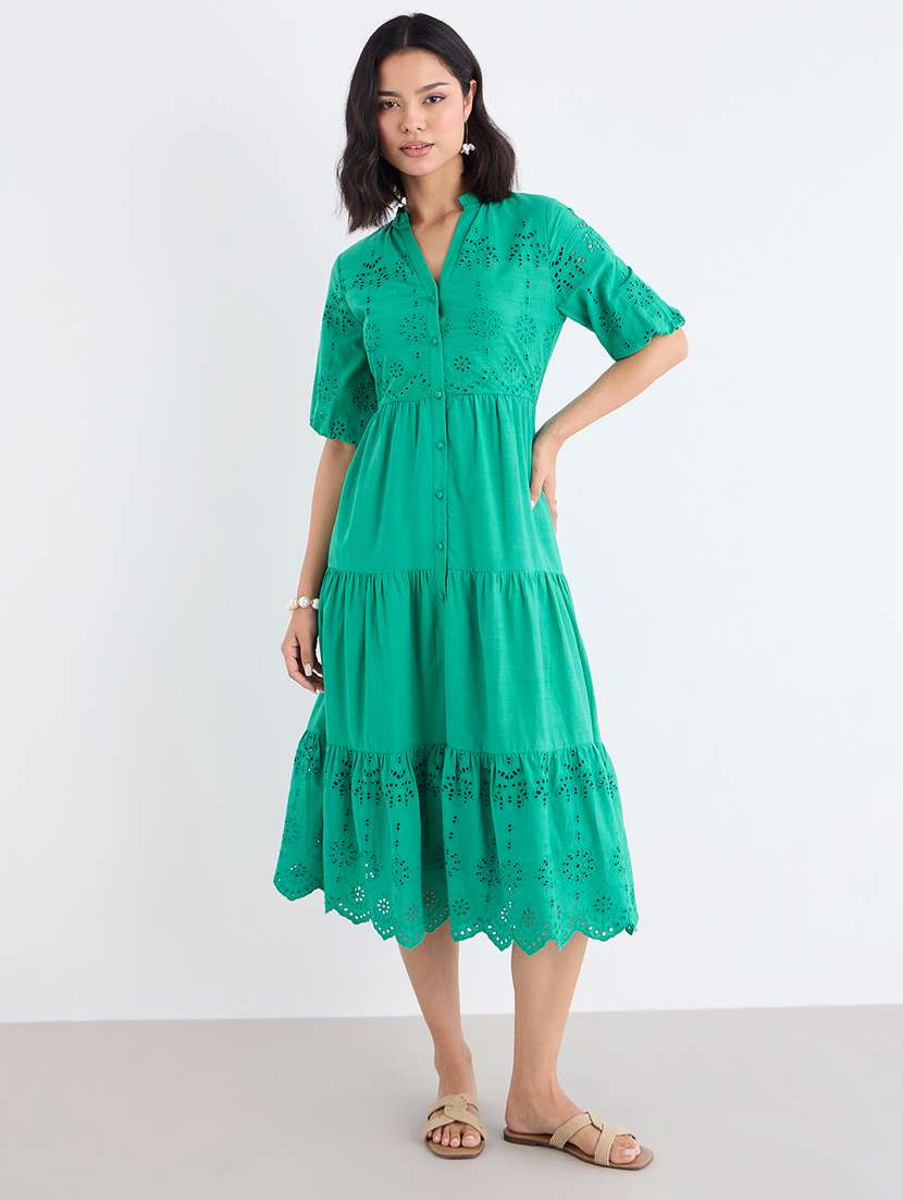 women solid puff sleeve schiffli tiered dress - 22219912 -  Standard Image - 1