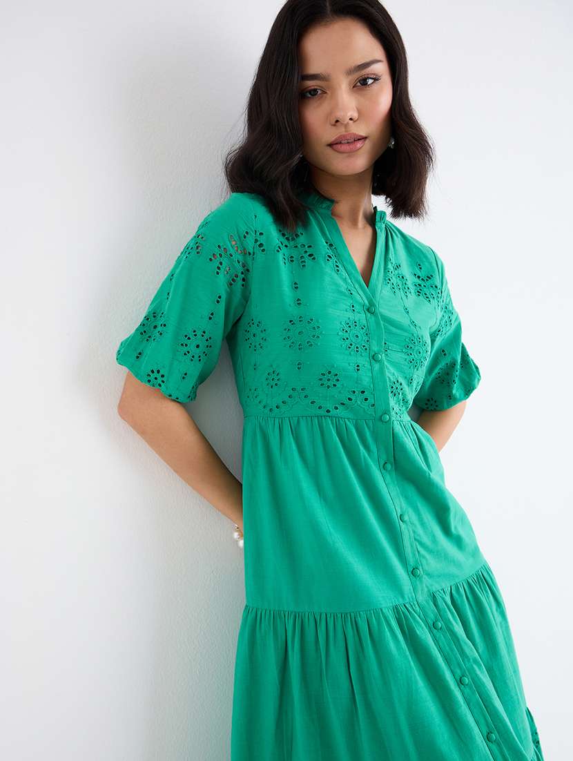 women solid puff sleeve schiffli tiered dress - 22219912 -  Standard Image - 4