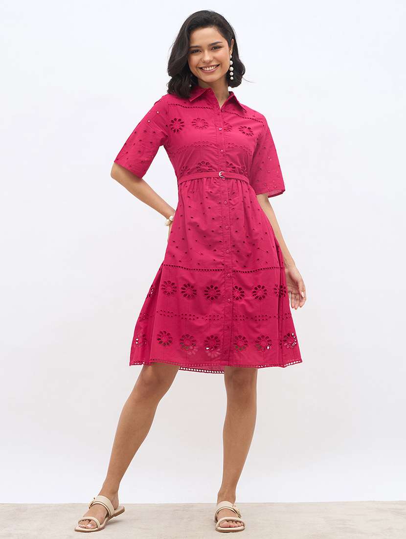 women solid short sleeve schiffli shirt dress - 22219914 -  Standard Image - 1