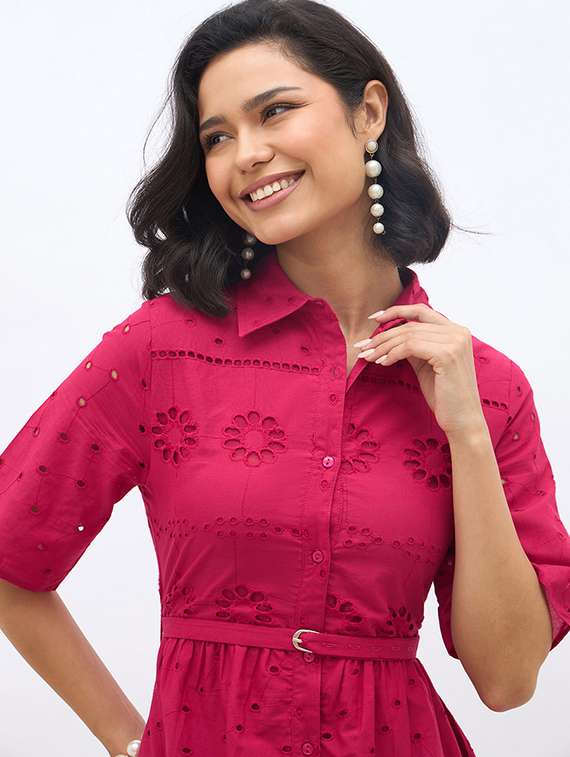 women solid short sleeve schiffli shirt dress - 22219914 -  Standard Image - 4