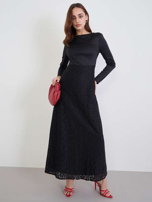 women solid long sleeve lace a-line dress - 22219915 -  Standard Image - 0