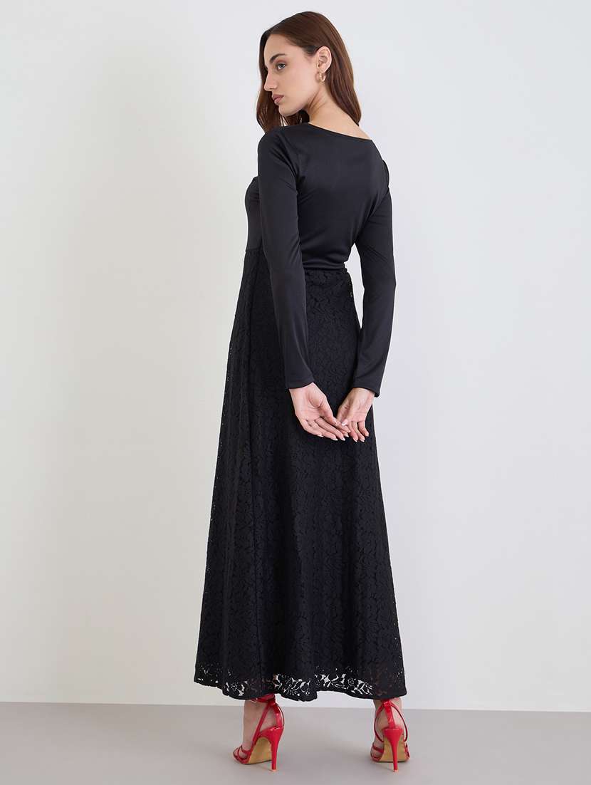 women solid long sleeve lace a-line dress - 22219915 -  Standard Image - 1