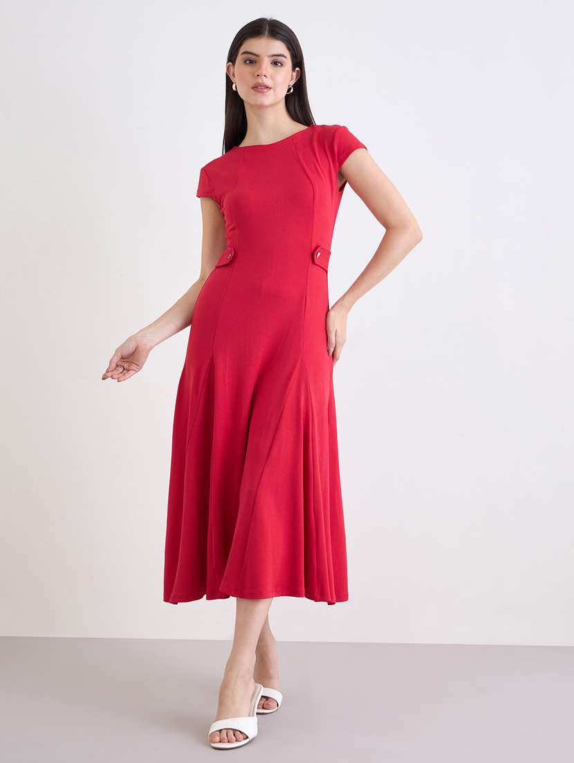women solid cap sleeve fit and flare dress - 22219918 -  Standard Image - 1