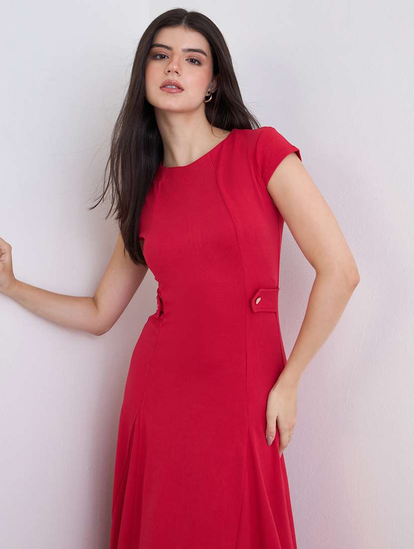 women solid cap sleeve fit and flare dress - 22219918 -  Standard Image - 4