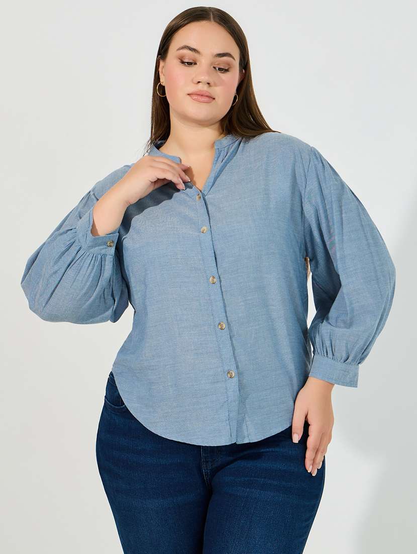 women plus size solid mandarin neck puff sleeve shirt - 22219935 -  Standard Image - 1