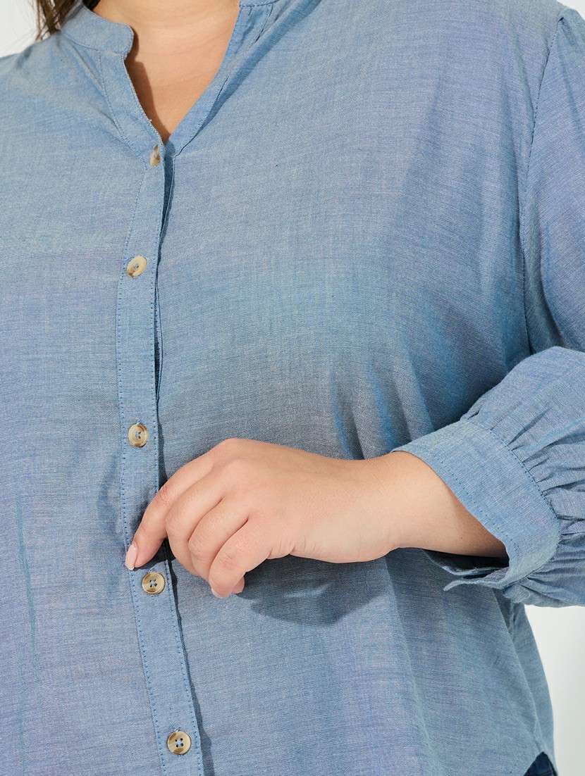 women plus size solid mandarin neck puff sleeve shirt - 22219935 -  Standard Image - 4