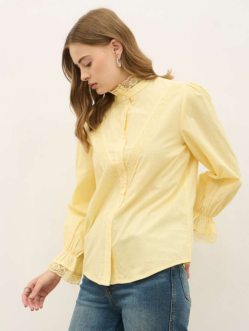 women solid puff sleeve mandarin neck shirt - 22219936 -  Standard Image - 1