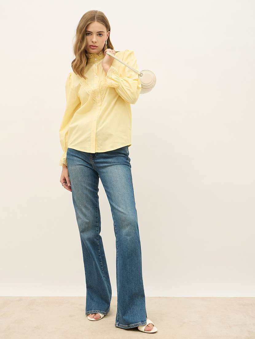 women solid puff sleeve mandarin neck shirt - 22219936 -  Standard Image - 4