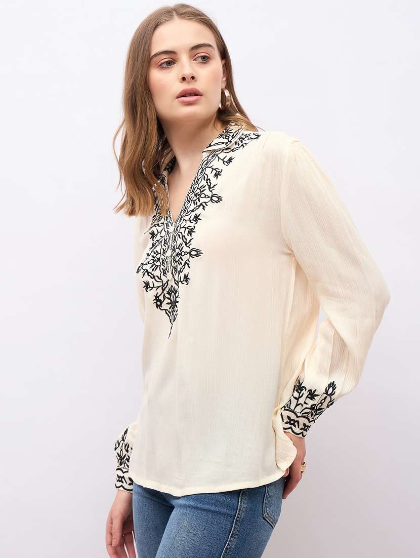 women embroidered long sleeve collared top - 22219943 -  Standard Image - 1