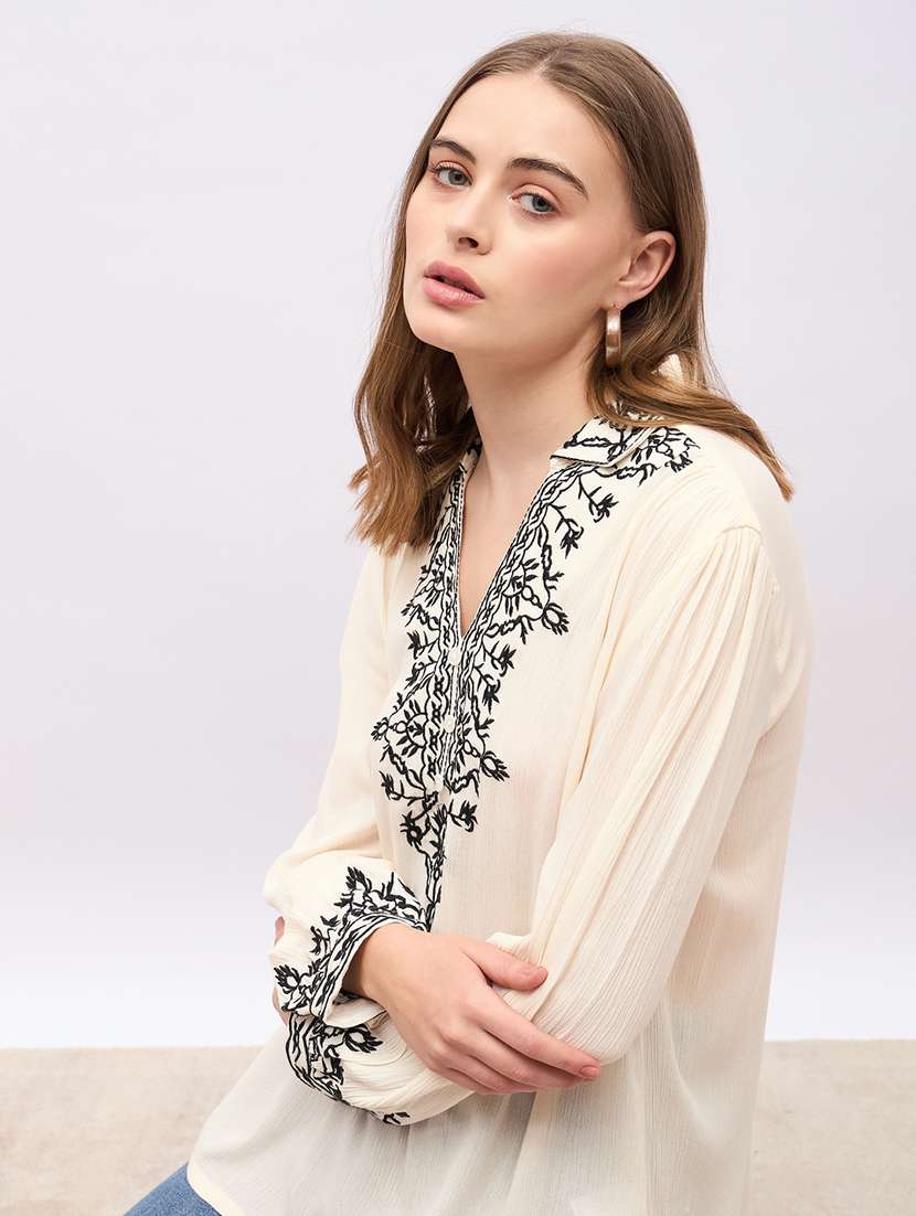 women embroidered long sleeve collared top - 22219943 -  Standard Image - 4