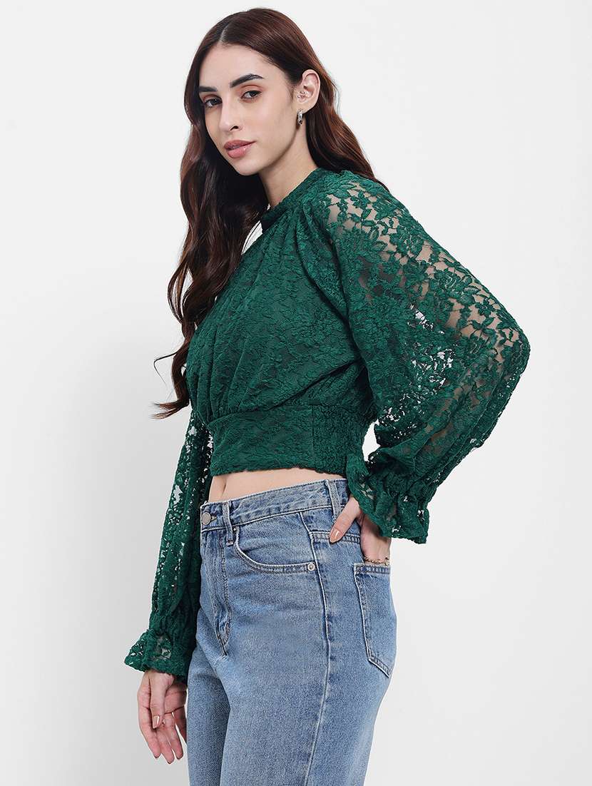 women self desigend puff sleeve lace crop top - 22219947 -  Standard Image - 1