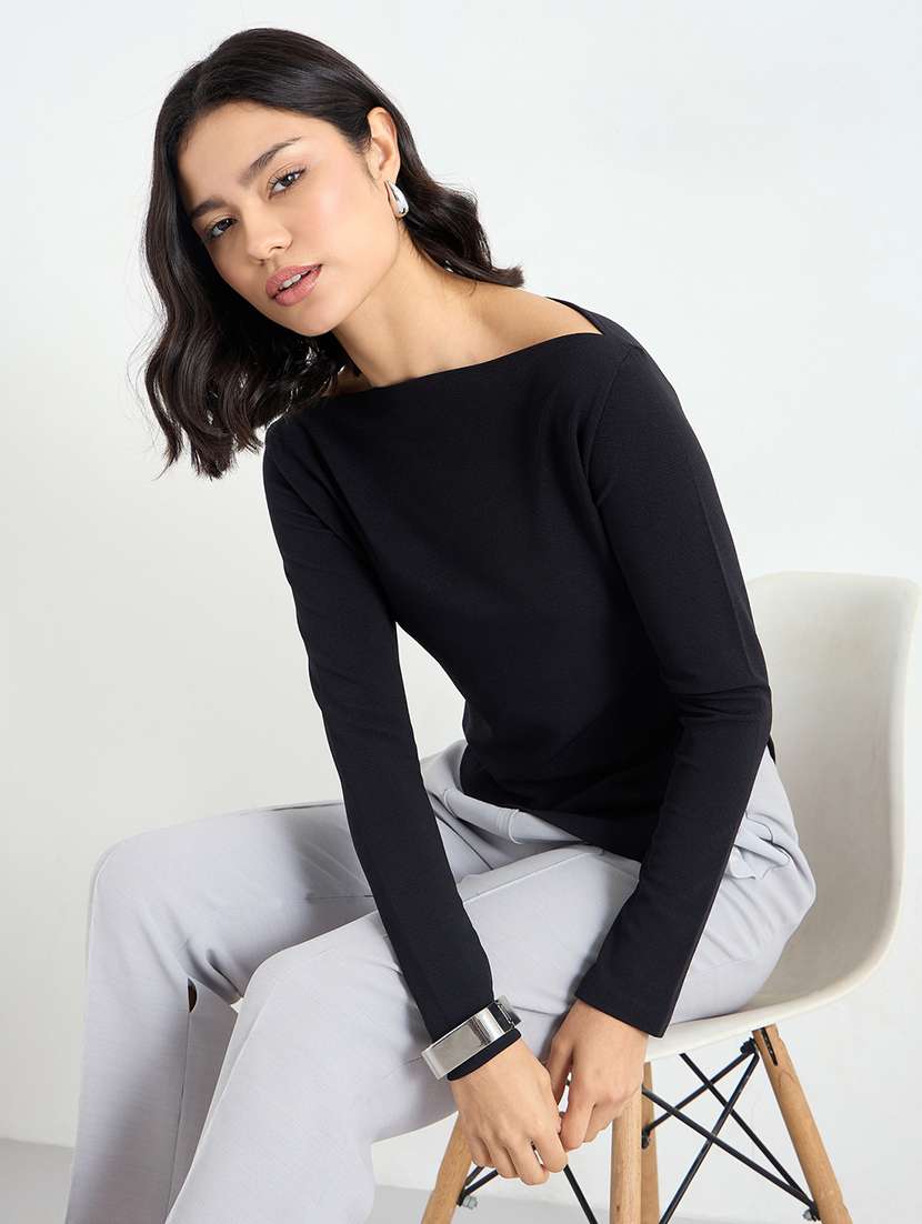 women solid long sleeve asymmteric top - 22219950 -  Standard Image - 1