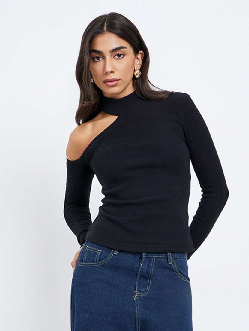 women solid long sleeve cut out straight top