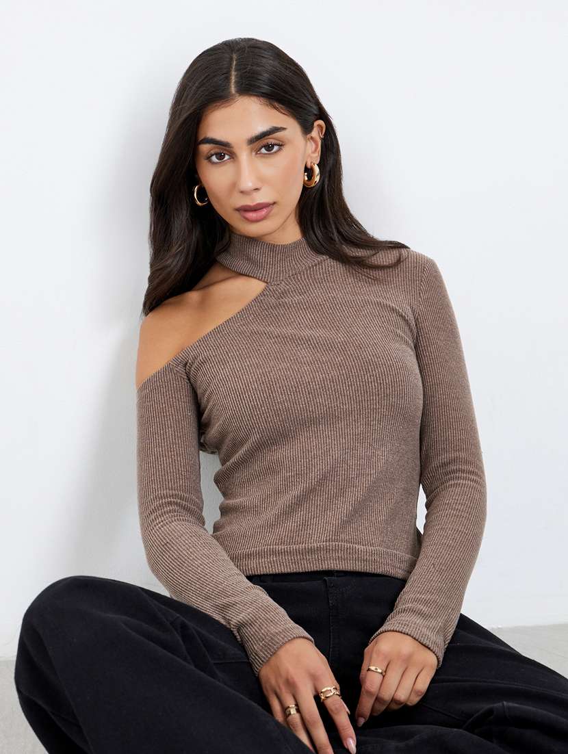 women solid long sleeve cut out straight top - 22219952 -  Standard Image - 1