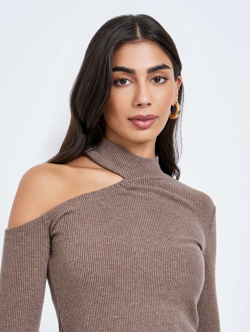 women solid long sleeve cut out straight top - 22219952 -  Standard Image - 4