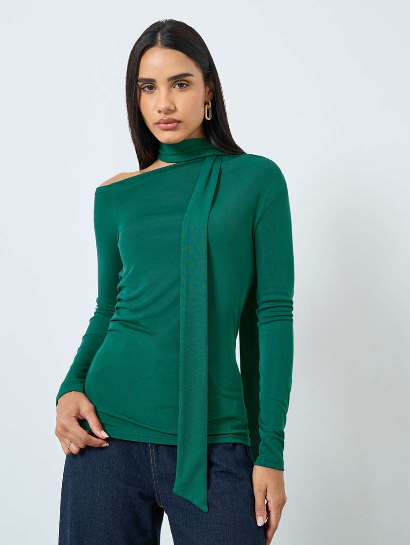 women solid asymmetric neck long sleeve top