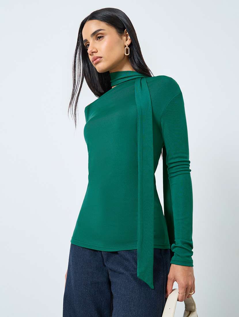 women solid asymmetric neck long sleeve top - 22219954 -  Standard Image - 1