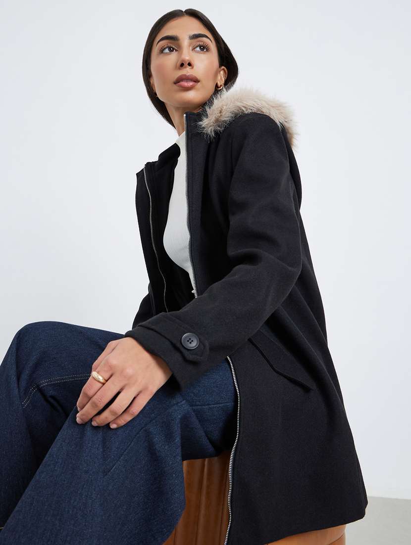 women solid long sleeve hooded trench coat - 22219973 -  Standard Image - 1