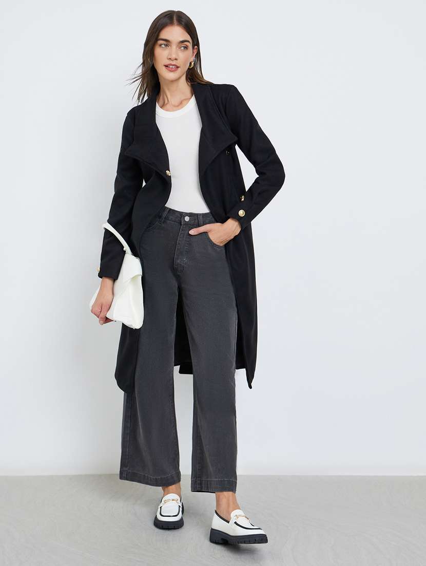 women black solid long sleeve trench coat - 22219975 -  Standard Image - 1