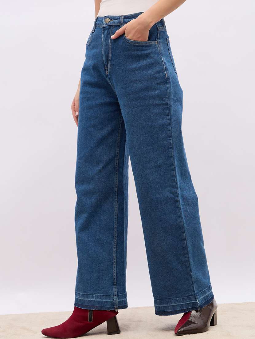 women solid mid rise wide leg jeans - 22220002 -  Standard Image - 1