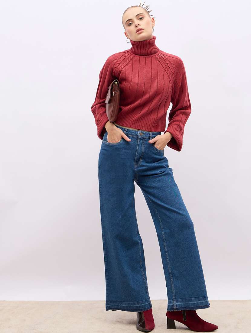 women solid mid rise wide leg jeans - 22220002 -  Standard Image - 4