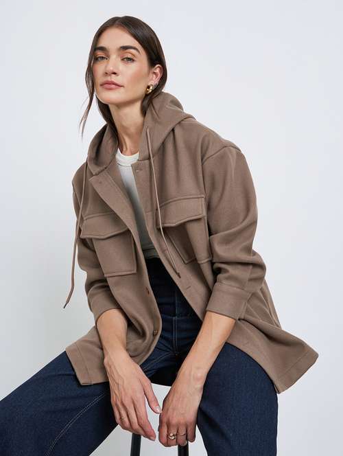 women solid long sleeve hooded oversized jacket - 22220012 -  Standard Image - 0