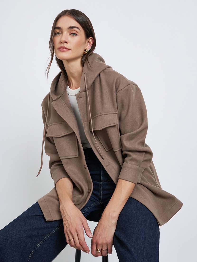 women solid long sleeve hooded oversized jacket