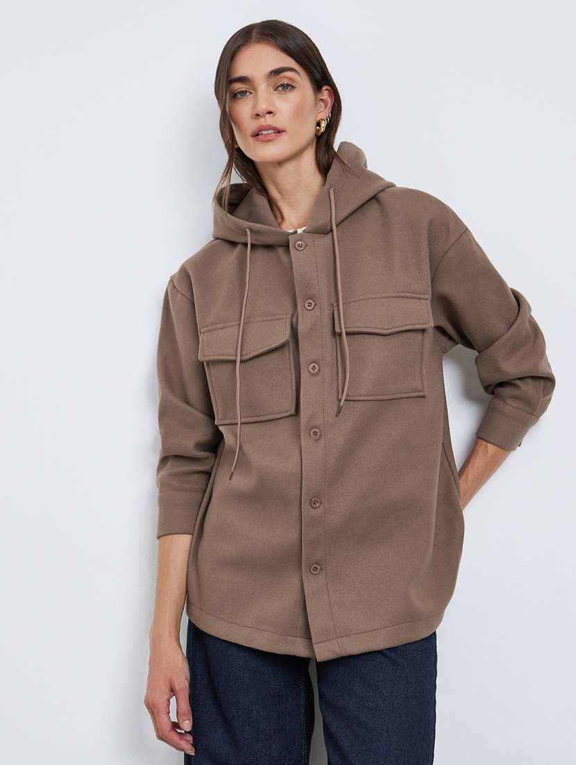 women solid long sleeve hooded oversized jacket - 22220012 -  Standard Image - 1