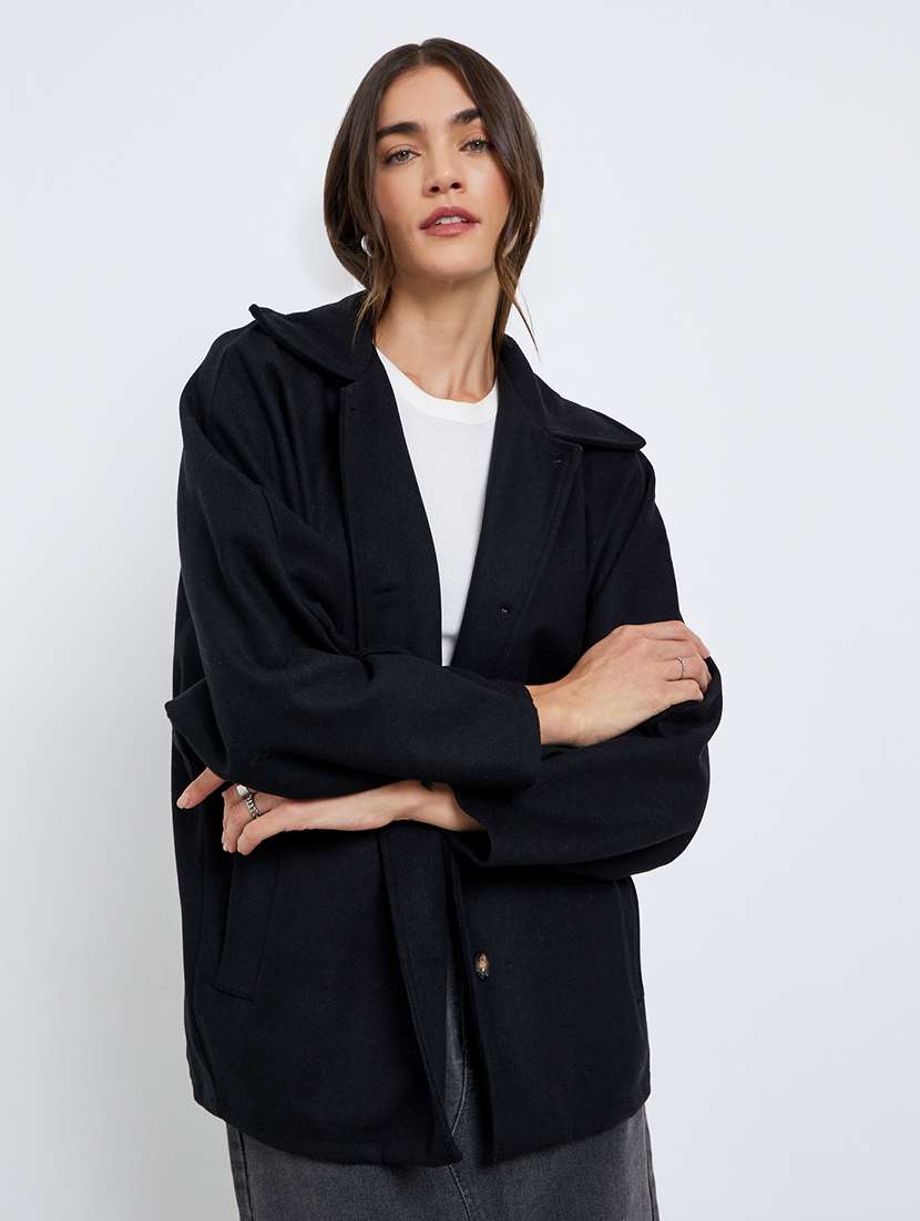 women solid long sleeve collared regular coat