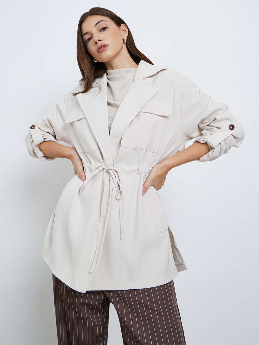 women solid lapel neck long sleeve oversized jacket