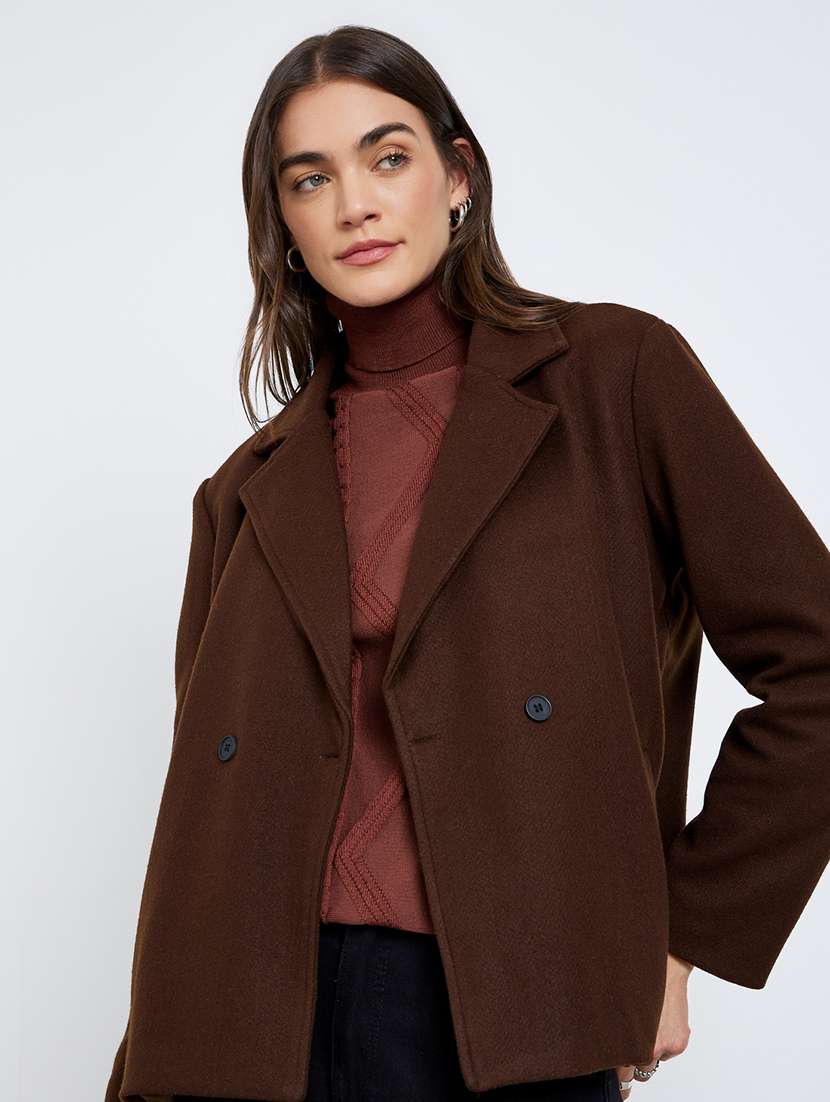 women solid lapel neck long sleeve double breasted jacket - 22220019 -  Standard Image - 1