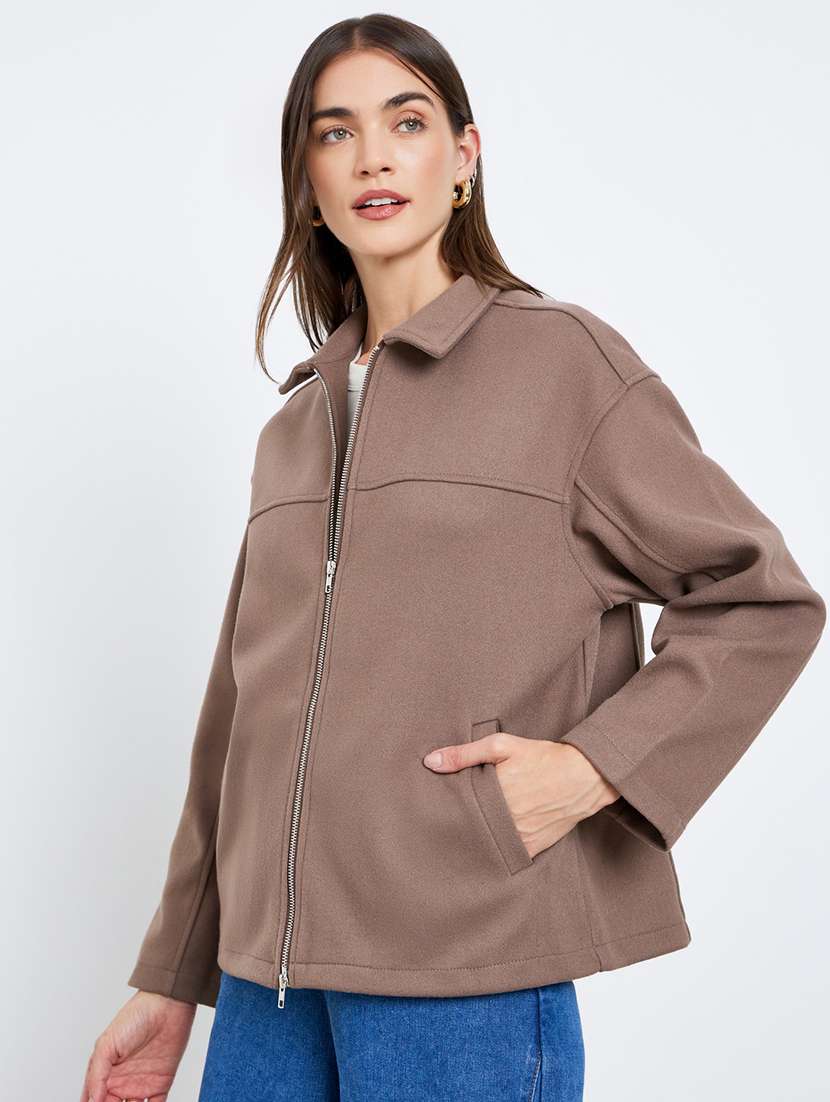 women solid collared long sleeve oversized jacket - 22220021 -  Standard Image - 1
